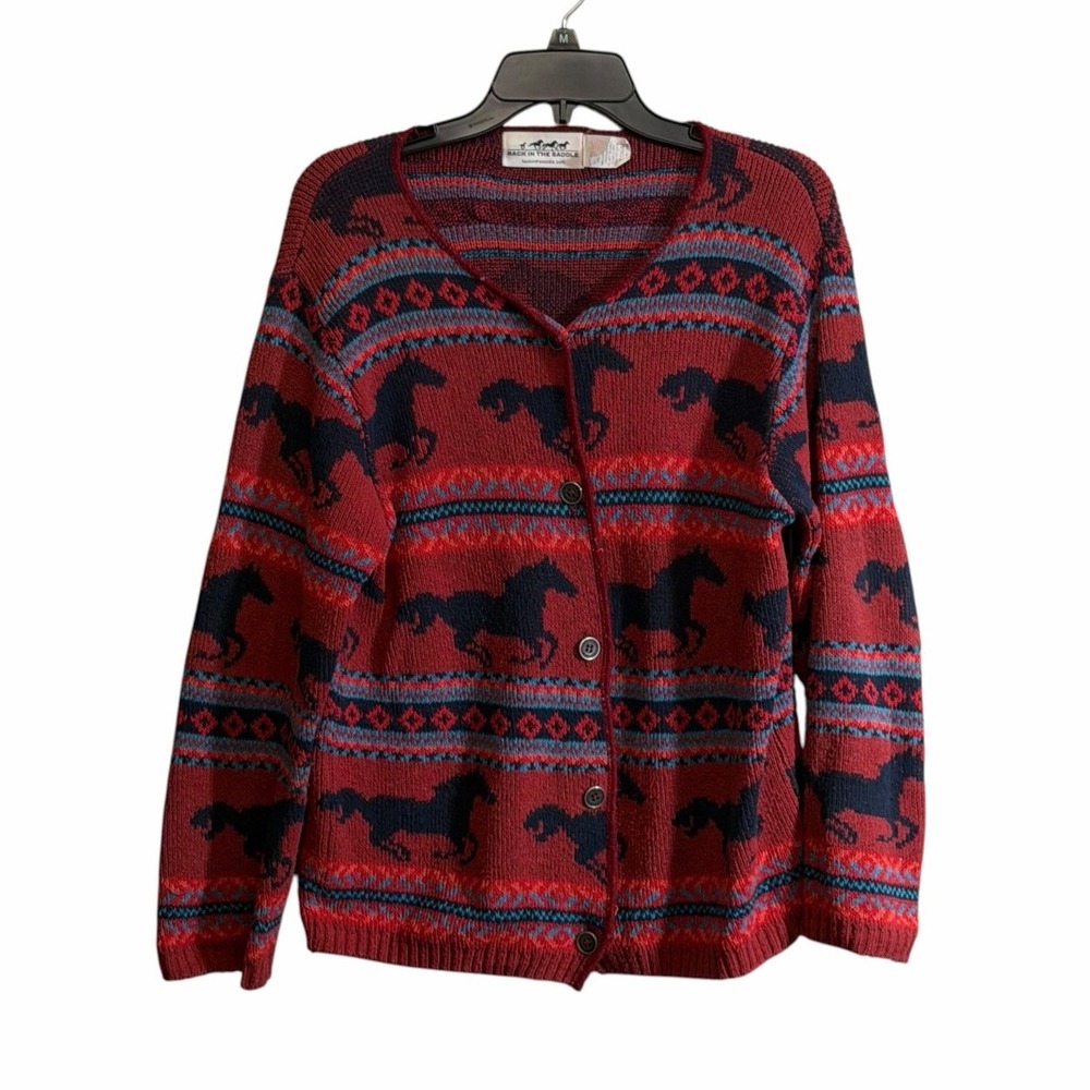 Vtg Back In The Saddle Med Cardigan Sweater Equestrian Fair Isle Horses USA